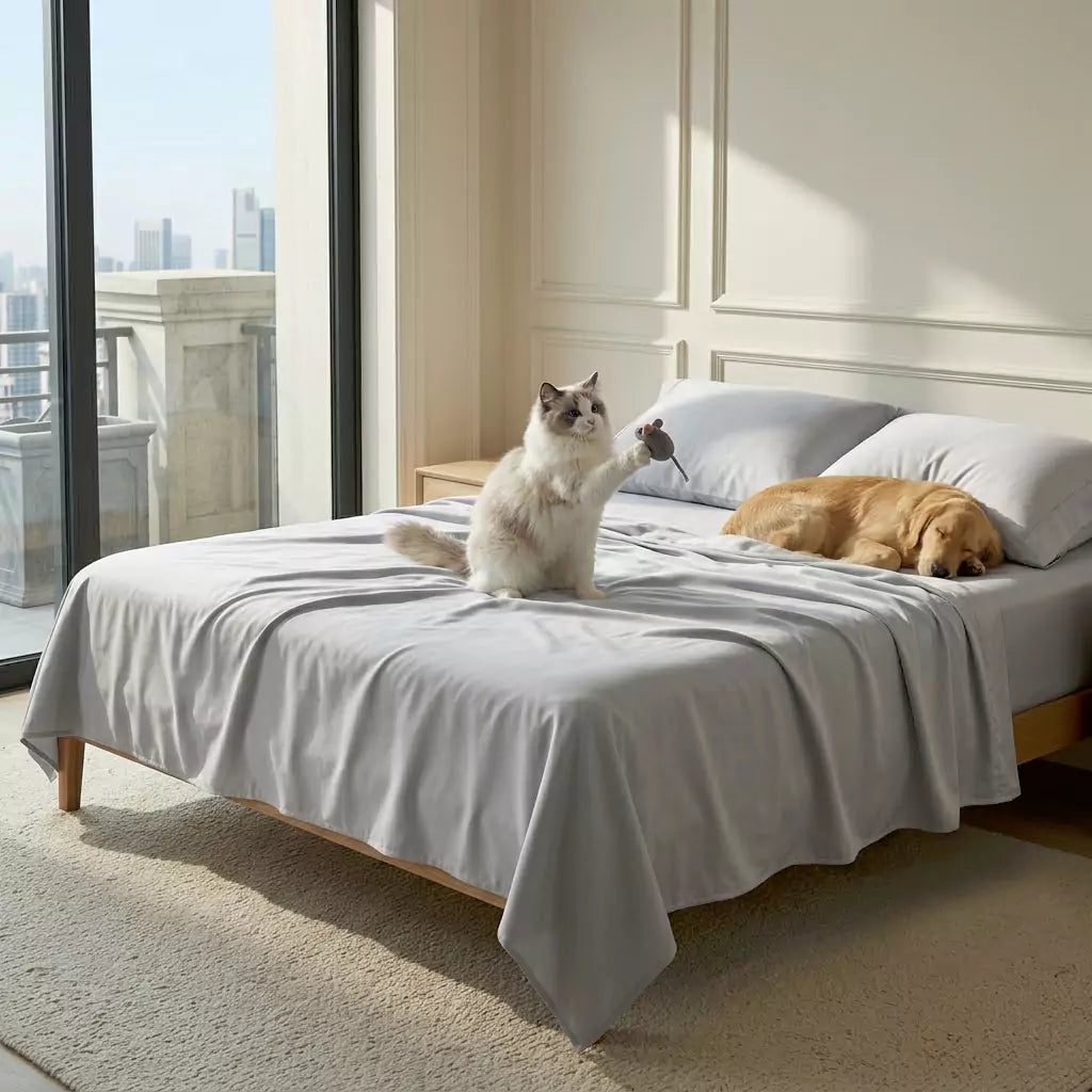 Dog and cat lying together on a Puraff TENCEL cooling sheet set