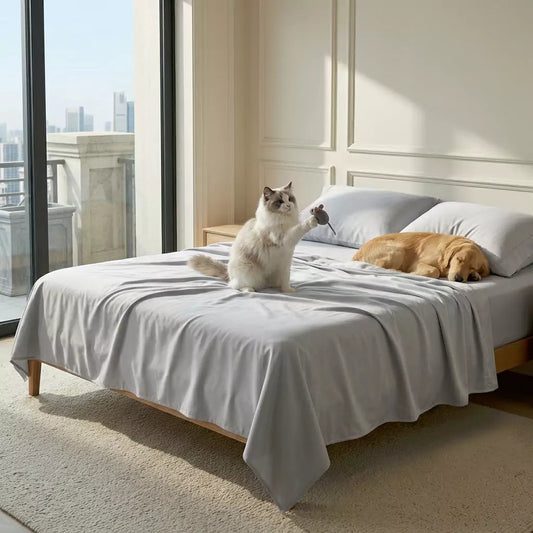 Dog and cat lying together on a Puraff TENCEL cooling sheet set