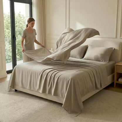 Puraff sheet set flat lay – complete 4-piece TENCEL lyocell bedding set with pillowcases