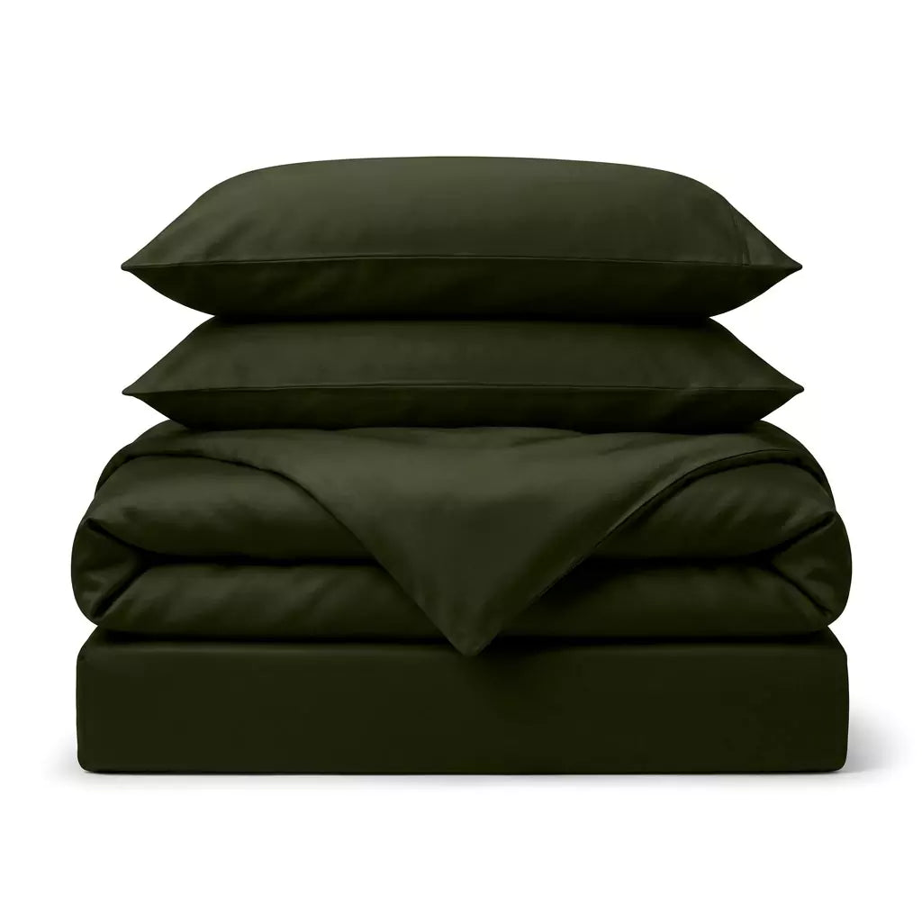 Folded 4-piece TENCEL™ Lyocell bedding set including duvet cover, fitted sheet and pillowcases Forest Moss
