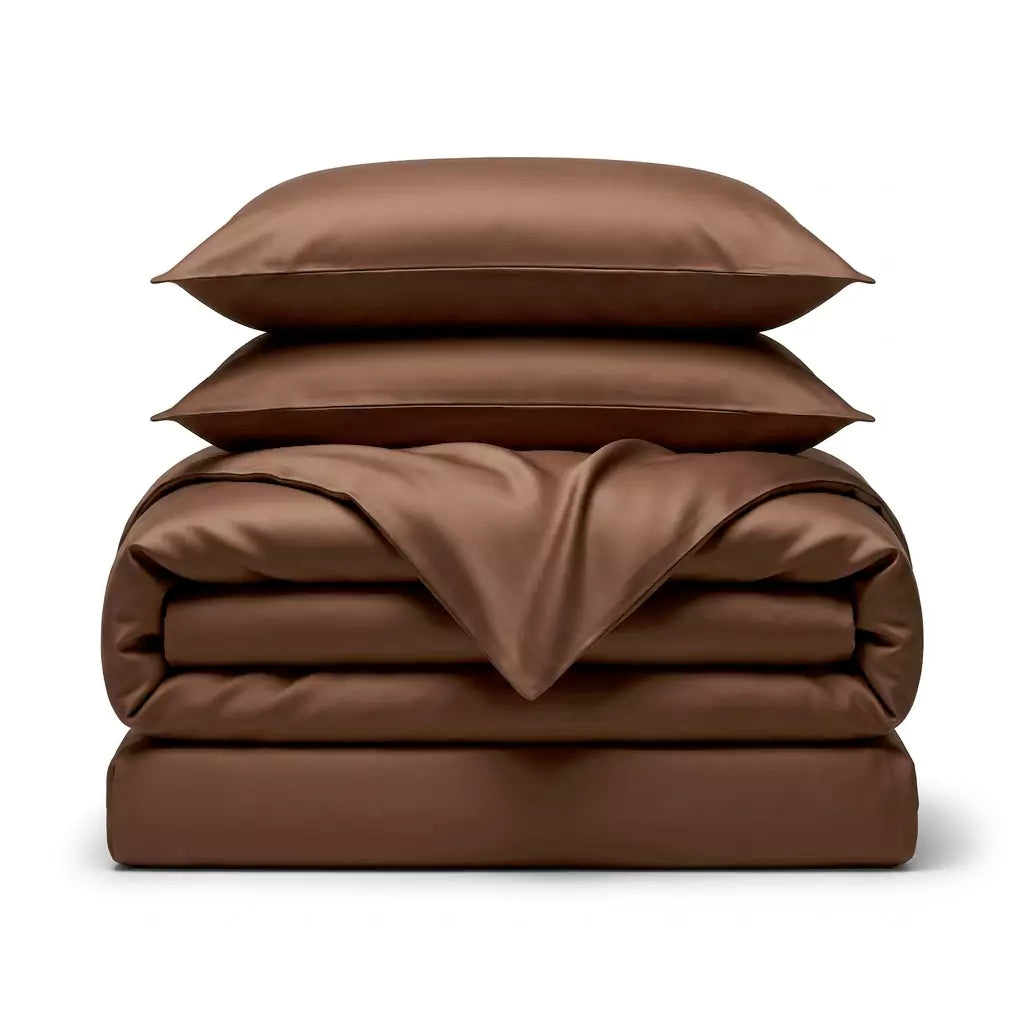 Folded 4-piece TENCEL™ Lyocell bedding set including duvet cover, fitted sheet and pillowcases Walnut Earth